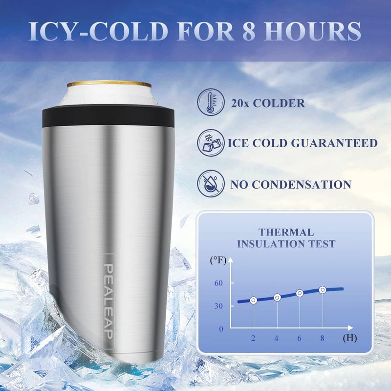 PEALEAP 4 in 1 Insulated Slim Can Cooler for 12 OZ Cans and Beer Bottle - Keep 8 Hours Cold, Easy to Hold - Stainless Steel Can Holder, Double Walled Can Insulator for Hard Seltzer and More (Stainless Steel) - Image 3